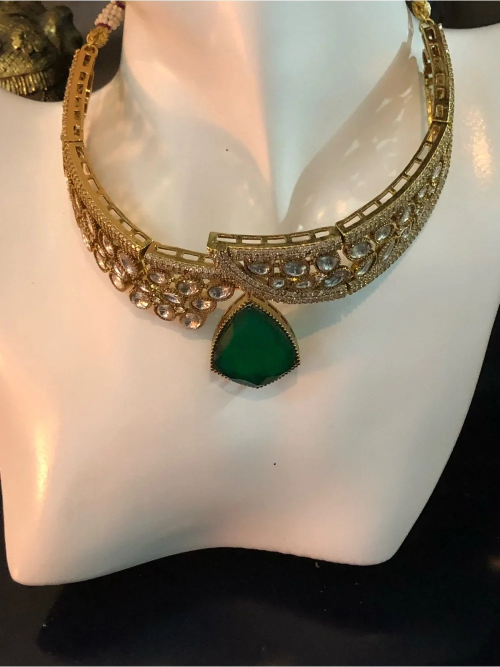 MIDEASTERN, EGYPTIAN Teardrop EMERALD Gold-Tone Necklace Pendant